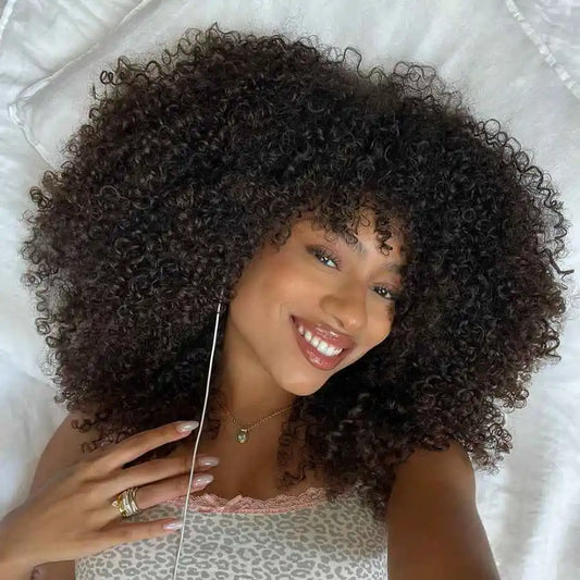 Afro Curly Human Hair Wigs With Bangs 250% Density Glueless Short Bob Curly Human Hair Wigs For Black Women Bob Afro Fringe Wig