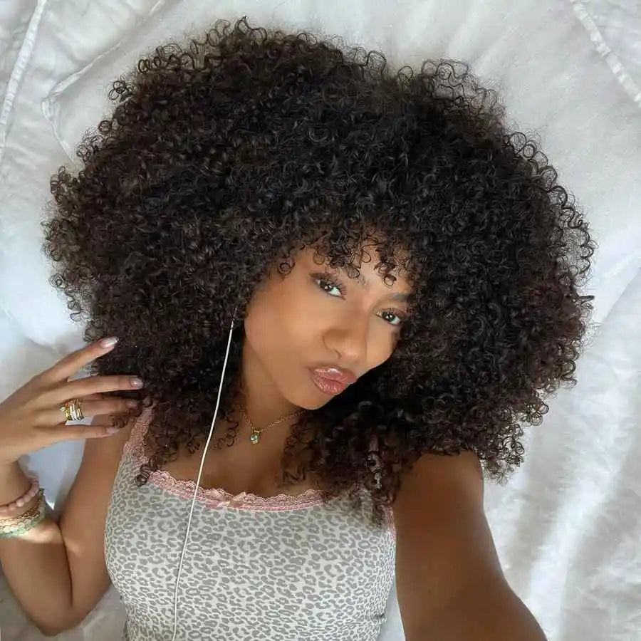 Afro Curly Human Hair Wigs With Bangs 250% Density Glueless Short Bob Curly Human Hair Wigs For Black Women Bob Afro Fringe Wig