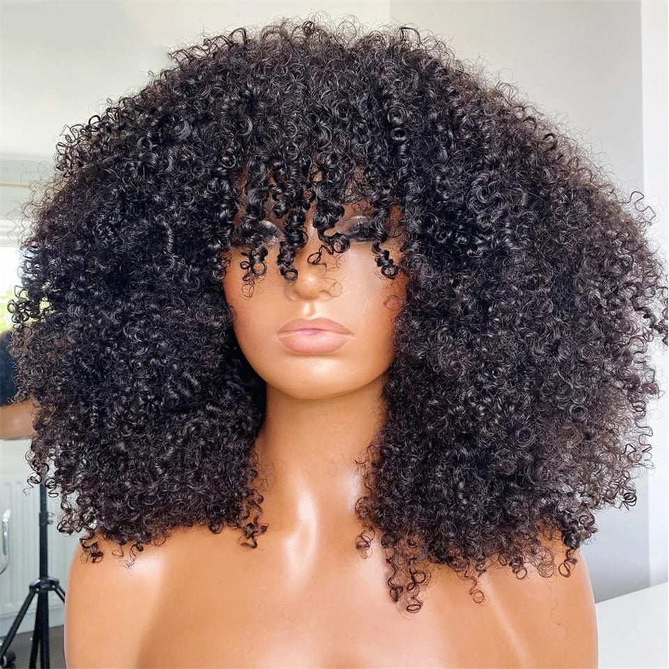 Afro Curly Human Hair Wigs With Bangs 250% Density Glueless Short Bob Curly Human Hair Wigs For Black Women Bob Afro Fringe Wig