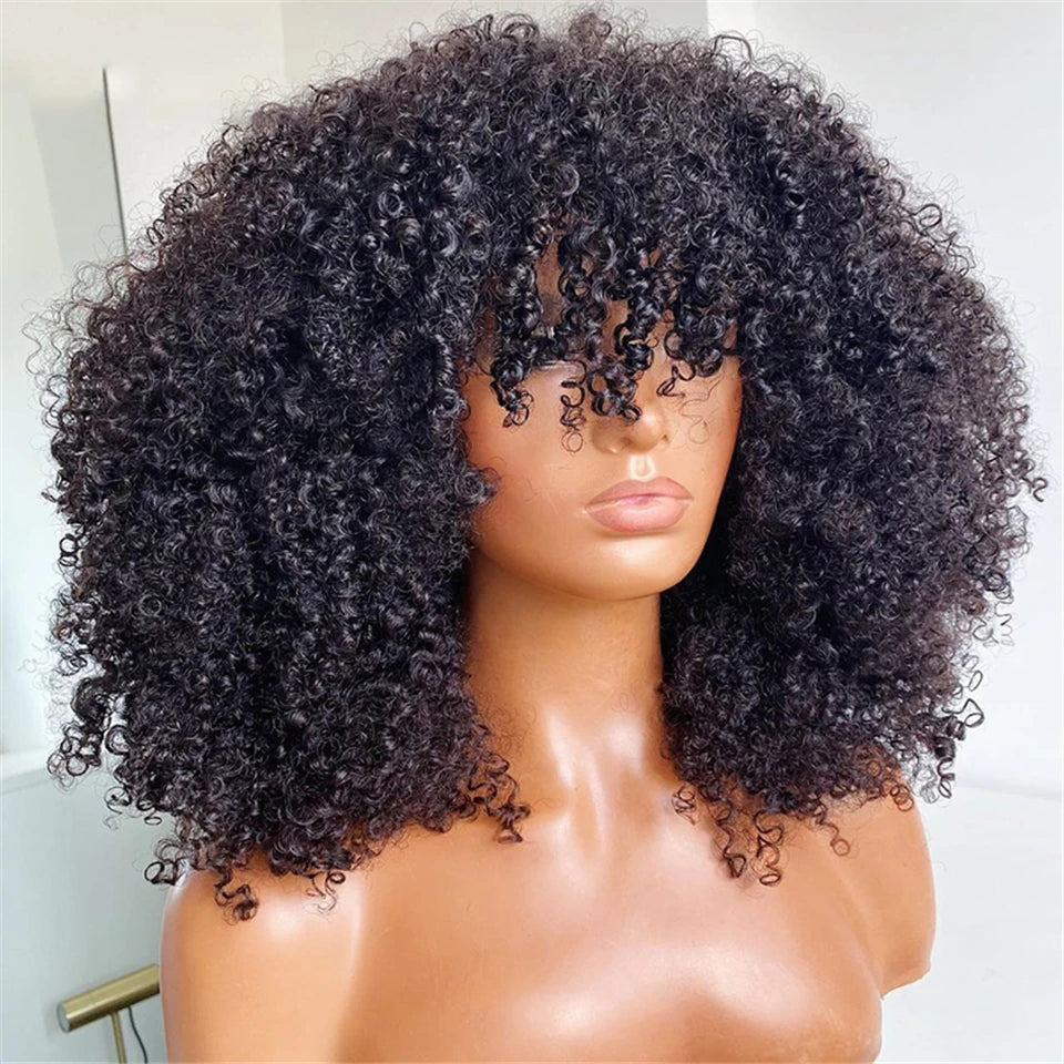 Afro Curly Human Hair Wigs With Bangs 250% Density Glueless Short Bob Curly Human Hair Wigs For Black Women Bob Afro Fringe Wig