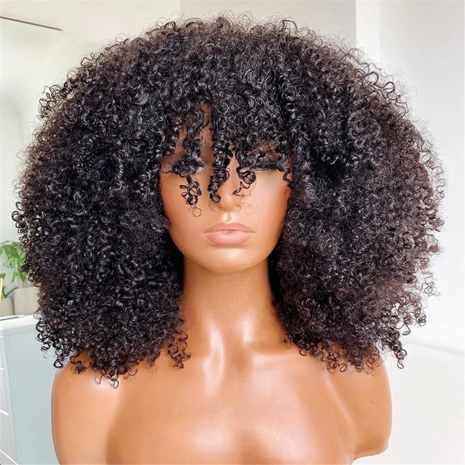 Afro Curly Human Hair Wigs With Bangs 250% Density Glueless Short Bob Curly Human Hair Wigs For Black Women Bob Afro Fringe Wig